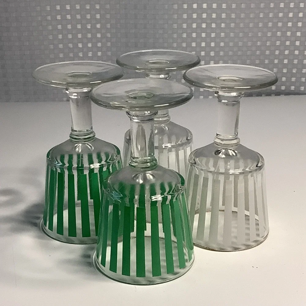 Carousel MCM Green & White Striped Short Goblet Glasses VTG Set of 4